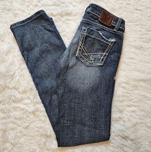 BKE Stella Distressed Low Rise Dark Wash Faded Straight Leg Stretch Jean's